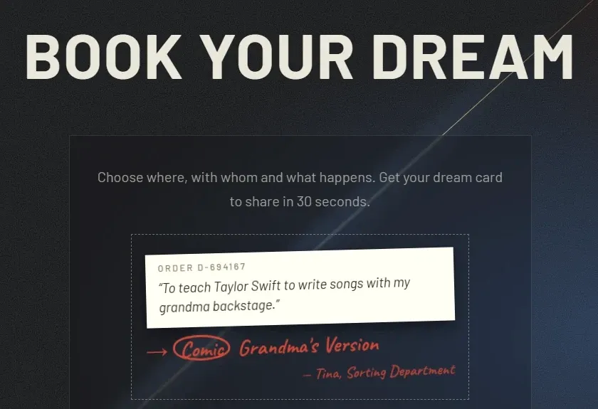 A dream card from the Factory: “To teach Taylor Swift to write songs with my grandma backstage”, sorted as Comic